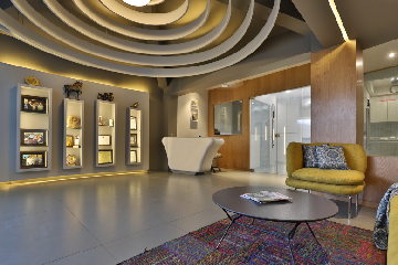 Modern commercial office interior featuring custom executive desks
