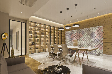 High-end commercial office meeting room with custom wood interior paneling