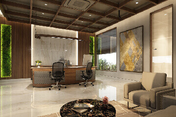 Open-plan commercial office interior layout with ergonomic workstations