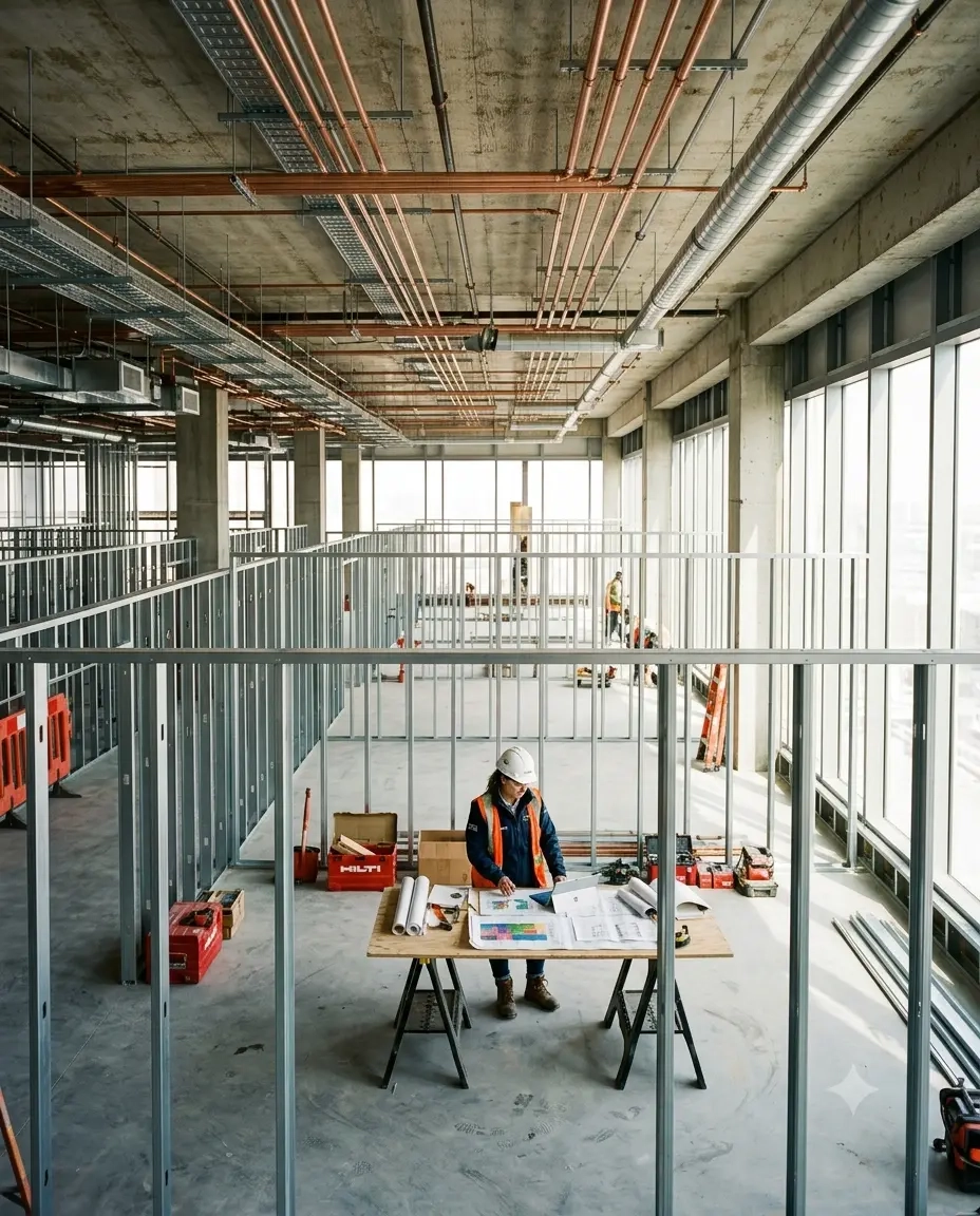 Open ceiling commercial office design with exposed ductwork